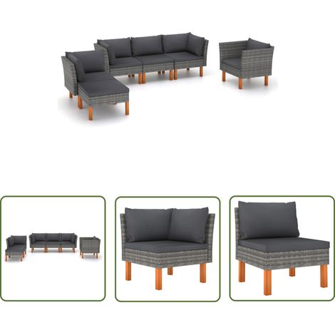 The Living Store Salon de jardin 6 pcs Résine tressée et bois d'eucalyptus Gris - Salon De Jardin - Mobilier De Jardin - Meubles De Jardin - Set De Salon De Jardin - Résine Tressée (1/5)