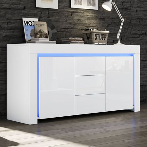 Buffet 140 x 40 x 65 cm - 3 tiroirs et 2 portes - Avec éclairage LED - Finition brillante - Blanc