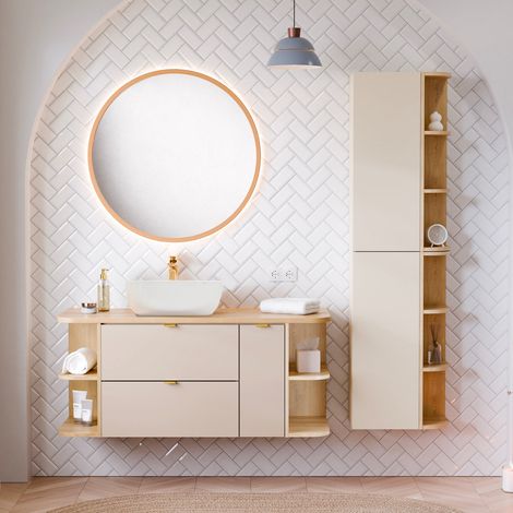 Ensemble meuble simple vasque 120cm 3 tiroirs colonne et miroir LED Azel Cachemire et Bois (1/5)