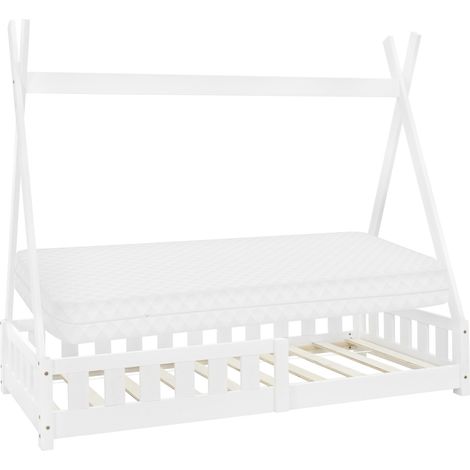 ML-Design Kinderbett Tipi 80x160 cm Weiß mit Matratze, Rausfallschutz und Lattenrost, aus Kiefernholz, Indianer Bett für Mädchen & Jungen, Hausbett mit Zaun, Bodenbett Jugendbett Spielbett Holzbett