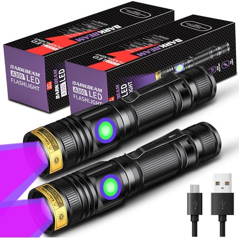 Lampe Torche UV Lamp Lumière Noire 365nm et 395nm rechargeable Lampe de Wood Ultraviolette, Portable Mini LED avec clip, Détecteur d'urine de chat, ambré, verre d'uranium, résine, Lot de 2 (1/5)