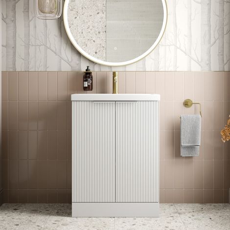 Bathroom Vanity Unit Fluted Freestanding Basin Sink 600mm Cabinet Storage White (1/5)