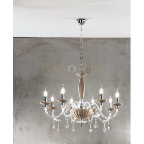LAMPADARIO CECILIA 8 LUCI VETRO E CRISTALLO TORTORA E TRASPARENTE ATTACCO E14 D.85CM
