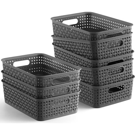 8 Panier de rangement, plastique gris, poignées creuses, motif tissé, pour cuisine salle de bain (1/5)