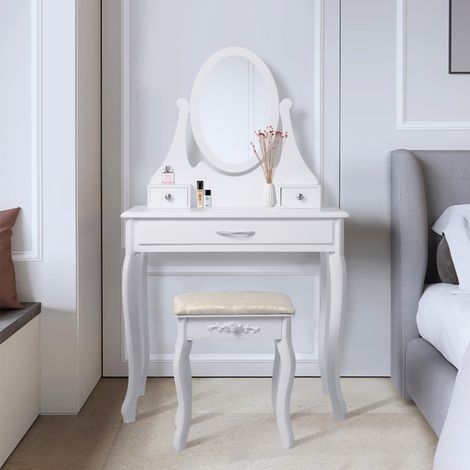 ML-Design Tavolo Cosmetico da Trucco Toletta Bianco con Sgabello Confortevole in Ecopelle con Specchio Ovale e 3 Cassetti 75 x 140 x 40 cm Tavolino Make-up per Signore e Ragazze in Legno MDF (1/5)