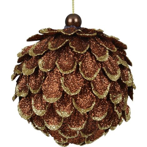 Kaemingk – Suspension de Noël pomme de pin brun et doré à paillettes – Plastique, Ø 8 cm