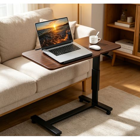 WILITTO  Table Assis-Debout Mobile en Bois Foncé - Hauteur Réglable Pneumatique, Plateau Inclinable, Roues 360° pour Bureau à Domicile (1/5)