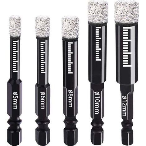 Diamond Drill Bits 5mm 6mm 8mm 10mm 12mm Diamond Drill Bits with Hex Shank for Ceramic, Granite, Glass, Porcelain, Tiles, Angle Grinders and Hand Drills-- (1/5)
