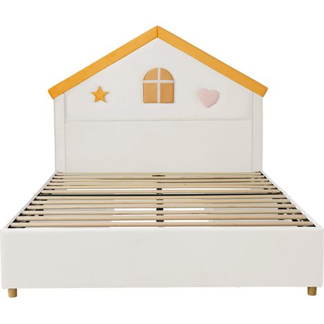 Kinderbett in Hausform 140 x 200 cm aus beigem Samt mit 4 Schubladen (1/5)