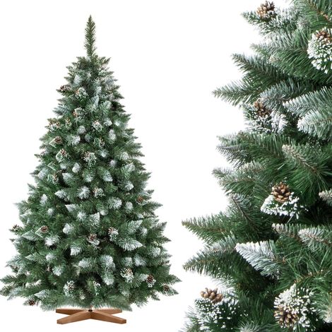 Sapin de Noël artificiel 180 cm effet neige – Branches denses avec pommes de pin naturelles – Support en bois – Fabriqué en Europe – Fairytrees (1/5)