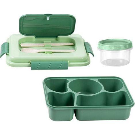 Lunch Box 1600Ml 5 Compartiments Bento Box Adulte avec CuillèRe RéUtilisable IntéGréE Baguettes Travel Home Essentials (Vert) (1/4)