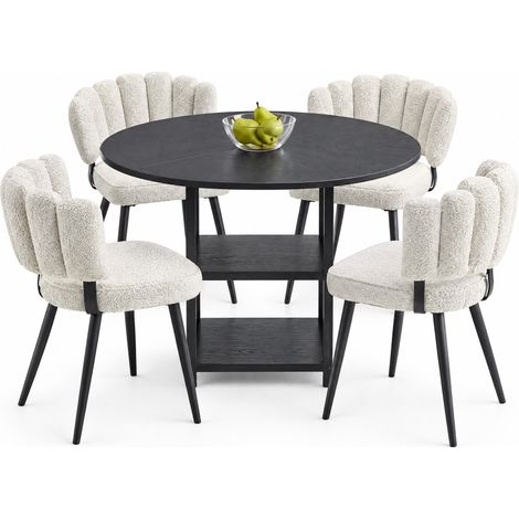 ELVMI Set Tavolo e Sedie con 1 Tavolo Rotondo e 4 Sedie, 2 Ripiani, MDF, Metallo e Tessuto Nero e Grigio Chiaro (1/5)
