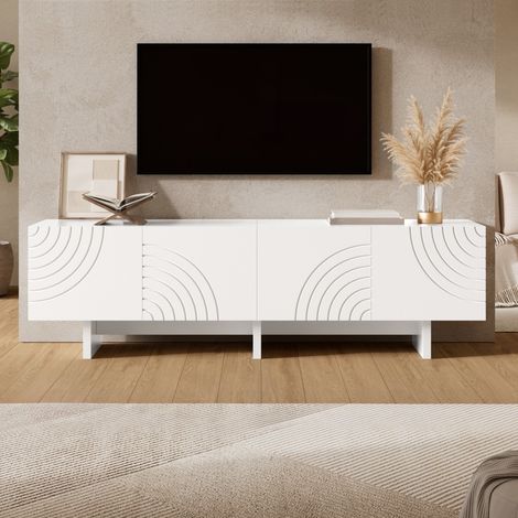 Meuble TV blanc 170x35x50cm 4 portes relief géométrique cloison centrale grand rangement pour salon style moderne (1/5)