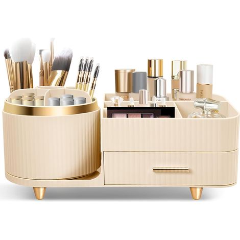 Organizador de maquillaje multifuncional giratorio de 360°, organizador de belleza para tocador, baño y dormitorio, con pequeño cajón multifuncional (crema)