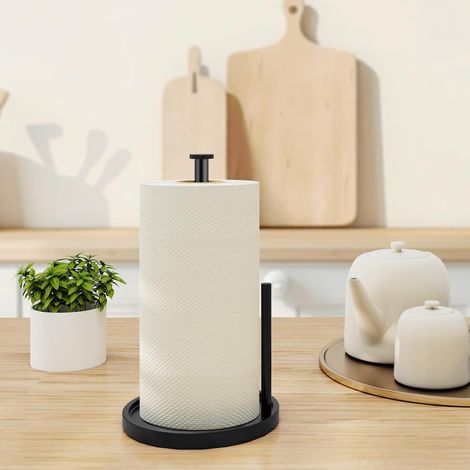 Porte-rouleau de cuisine vertical, base antidérapante robuste, acier inoxydable, noir. (1/4)