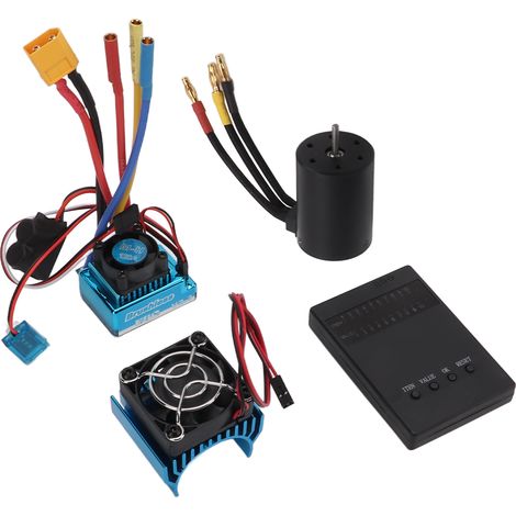 Moteur brushless 3650 2300KV + variateur brushless 120A (connecteur XT60) + carte de programmation + kit ventilateur moteur pour voiture RC 1/8 et 1/10 (1/5)