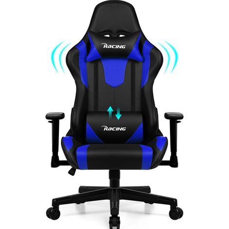 Chaise Gaming, Chaise Bureau Ergonomique avec Coussin Lombaire, Appui-tête et Accoudoirs Réglables, Fauteuil Gaming avec Fonction Bascule 150 kg, Bleu (1/5)