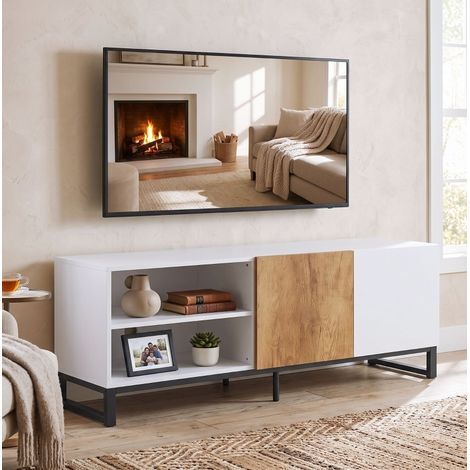 Mueble TV 140x35 cm para TV de hasta 55 pulgadas, estantes ajustables y pasacables, acabado blanco roble (1/5)