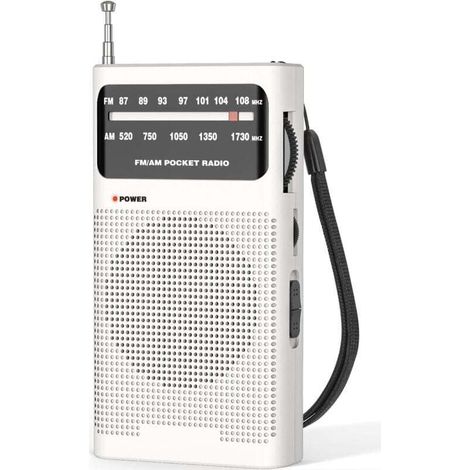 Small radio, portable FM/AM radio, pocket battery-powered radio, excellent reception and sound quality, white (1/4)
