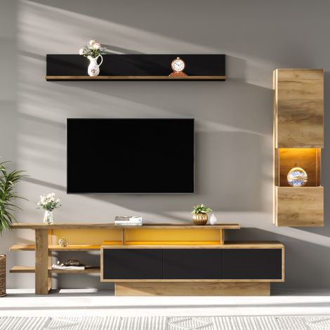 Ensemble meuble TV 3 pièces - 1 meuble TV+1 vitrine+1 étagère murale - avec éclairage LED - 3 tiroirs et 2 portes - Naturel+noir
