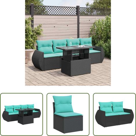 Gartentisch - 5tlg. Garten-Sofagarnitur mit Kissen Schwarz Poly Rattan Akazie (1/5)