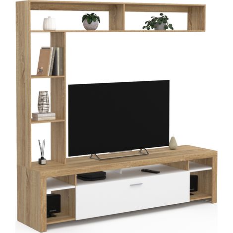 Idmarket – Ensemble meuble TV 170 cm – Bois et placard blanc – 11 espaces ouverts – Rangement fermé avec poignée – Style contemporain (1/5)