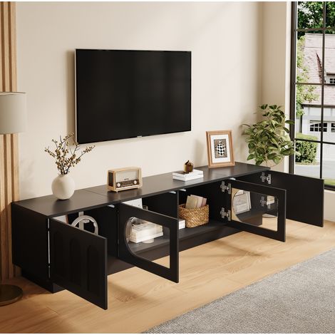 Mobile TV basso 200 cm con 4 ante, LED controllato da app e ante in vetro, nero, OKWISH (1/5)
