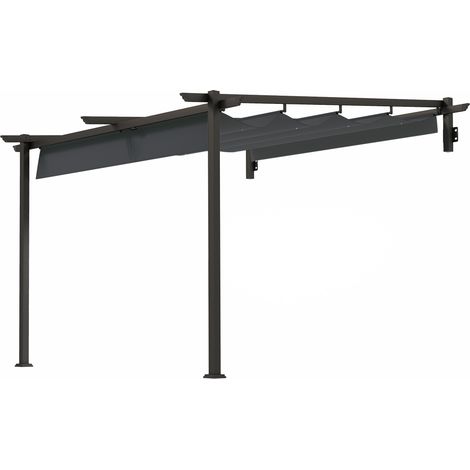 Pavillon, pergola 3 x 3 m, toit de patio coupe-vent, fixation murale, toit réglable, pour jardin, terrasse, gris foncé