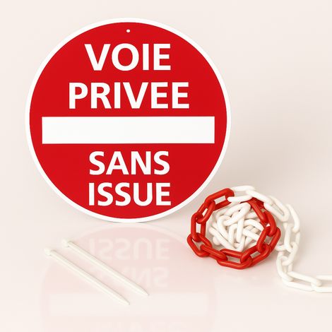 Voie privée sans issue disque rigide prépercé avec chaine plastique rouge/blanc avec collier de serrage de serrage - panneau rond signalisation Diamètre 300 mm