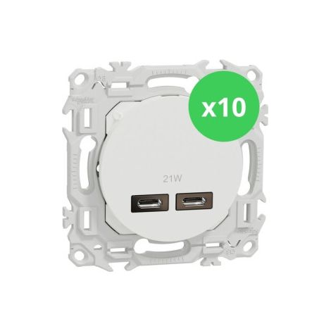 Schneider - Odace 2025 - LOT de 10 Chargeurs double USB type C+C - 21W Power Delivery - Blanc craie - Ru00e9f : S920401 x 10 (1/5)
