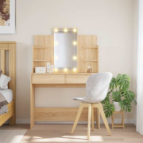 Coiffeuse avec miroir et éclairage LED, bois d’ingénierie, chêne sonoma, 96 x 40 x 142 cm - PANGIVO (1/5)