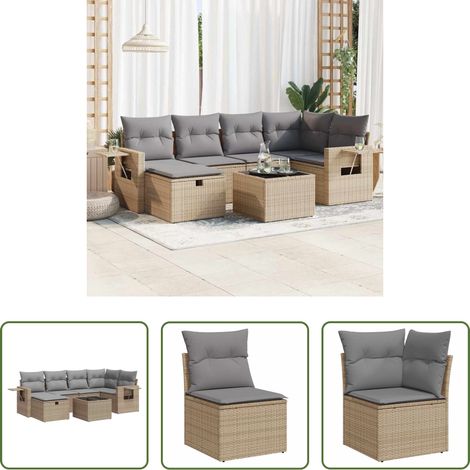 vidaXL Rattanmöbel - 7-tlg. Garten-Sofagarnitur mit Kissen Beige Poly Rattan (1/5)