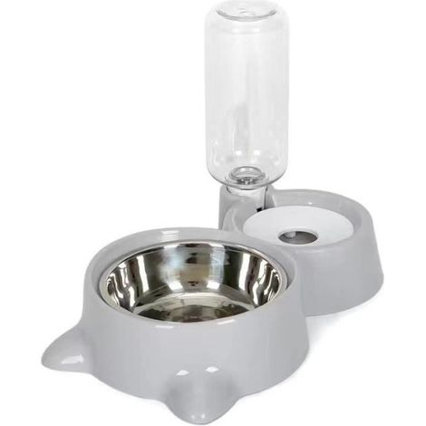 Gamelle pour Chat 2-En-1 - Gris - Distributeur d’Eau Automatique 500ml - Bol à Nourritures - Plastique Durable (1/4)