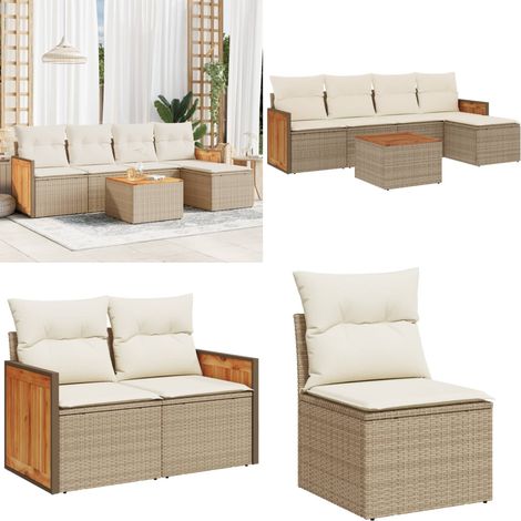 6-tlg. Garten-Sofagarnitur mit Kissen Beige Poly Rattan - Gartenmöbel Set - Rattan Möbel - Outdoor Lounge - Esstisch - Sofas - Home & Living (1/5)