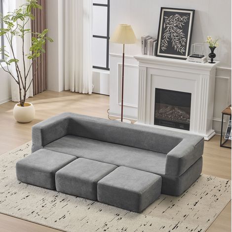 Schlafsofa Bodensofa modular in Dunkelgrau aus Chenille mit 3 Hockern, faltbar und multifunktional,201x75.5x50 cm (1/5)