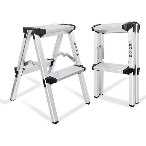 Escabeau pliant en aluminium à 2 marches, échelle domestique supportant jusqu'à 150 kg, escabeau double face, accessible des deux côtés, échelle en aluminium à deux faces, escabeau