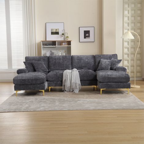 U-Shaped Sectional Sofa – Modular Corner Couch with Double Chaise, Soft Chenille Fabric, Customisable Layout – Luxurious Large Living Room Furniture(Grey) (1/5)