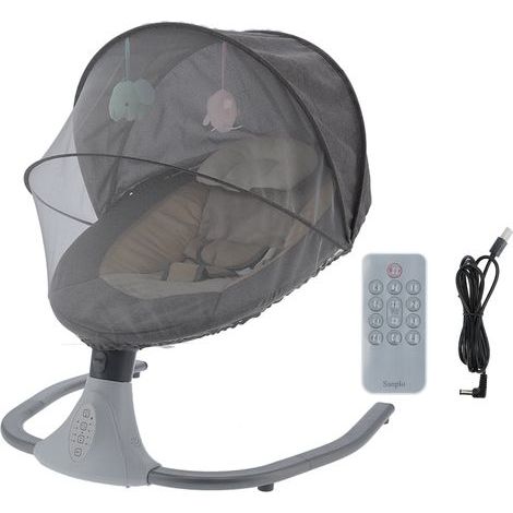 Electric baby crib with USB port, remote control and soothing rocking function (grey) (1/5)