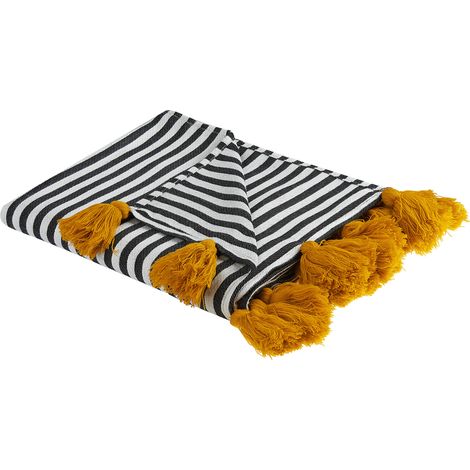 Manta de acrílico poliéster negro blanco naranja 130 x 170 cm a rayas Sunwal