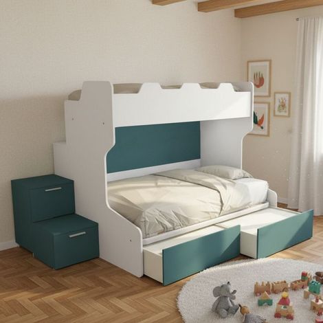 Letto a castello con gradini a cassetti e passerella - Una piazza e mezza e singola - Bianco e Petrolio