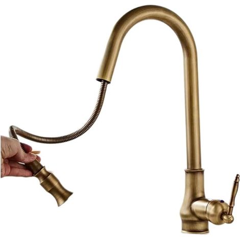 Mitigeur évier rétractable rétro cuivre – Bec bec bas, tirage – Eau chaude/froide – Cuisine, potager (1/3)