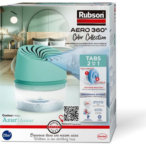 Rubson AERO 360° Absorbeur d'Humidité Couleur Azur (1 appareil + 1 recharge de 450 g), Déshumidificateur anti-odeur & anti-moisissure pour pièce jusqu'à 20 m²