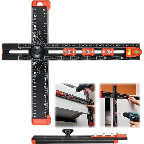 Règle de positionnement de perage 4 en 1 en aluminium avec double niveau à bulle - Longueur et angle réglables - Pour la construction d'étagères et de meubles (1/5)