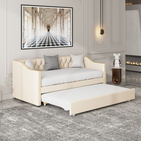 Générique Lit rembourré 90 x 200 cm, lit Simple rembourré 2 en 1 avec lit gigogne, pour Petits Appartements, Fonctionnement Flexible, avec sommier à Lattes en Bois(Beige) (1/5)