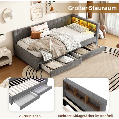 Canapé-lit 90x200 cm avec rangement latéral, ports USB et Type-C, deux tiroirs intégrés, sommier à lattes, tissu lin gris (sans matelas) (1/5)