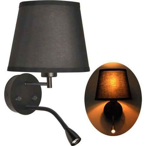 AMXCNOY Applique murale pour chambre avec liseuse LED 3 W, douille E27, abat-jour en tissu noir, base en métal, lumière blanche chaude 3000 K (1/4)
