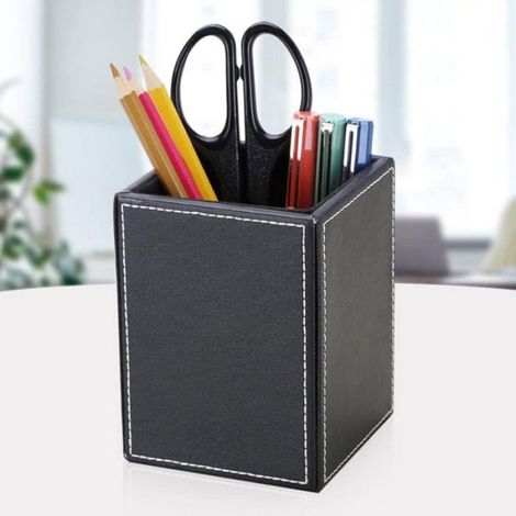 Porte-stylo carré en cuir,organisateur de bureau,rangement pour fournitures de bureau,noir (1/4)