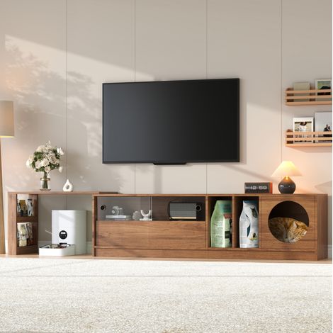 Meuble TV MDF et verre trempé noyer 180,0-260,0x40,0x50,0 cm, pivotant, extensible, avec espace chat (1/5)