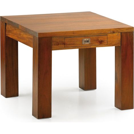 Table basse carrée coloniale en bois d'acajou massif 1 tiroir Falkane 60cm (1/5)
