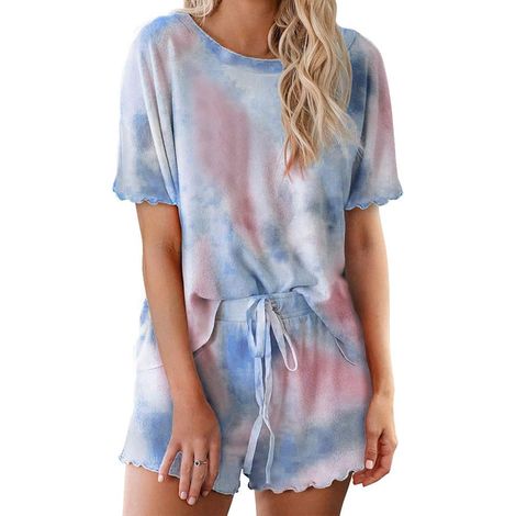 Ensemble pyjama 2 pièces pour femme, imprimé tie-dye, à volants, composé d'un haut à manches courtes et d'un short. (1/5)